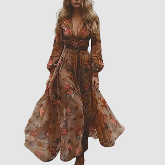 Ava – Maxikleid mit langen Ärmeln und V-Ausschnitt