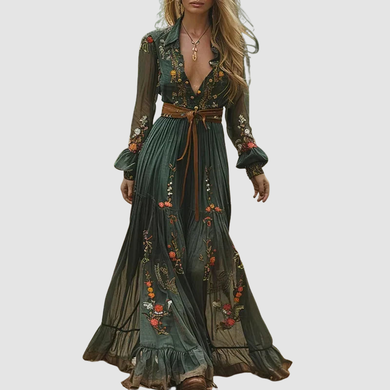 Ava – Maxikleid mit langen Ärmeln und V-Ausschnitt