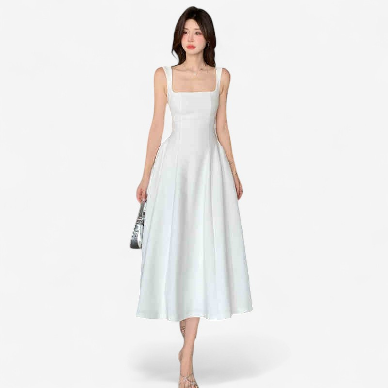 Amelia – Weißes A-Linien-Kleid mit Taillenbetonung und Reißverschluss