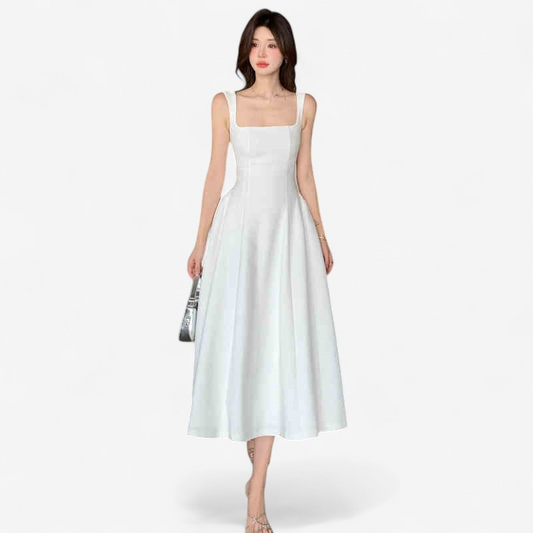 Amelia – Weißes A-Linien-Kleid mit Taillenbetonung und Reißverschluss
