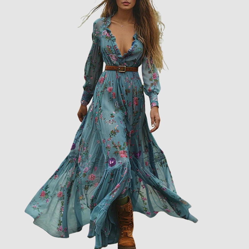 Ava – Maxikleid mit langen Ärmeln und V-Ausschnitt