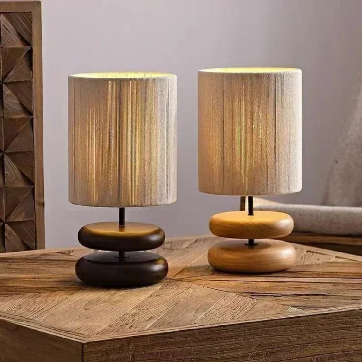 ZenWeave – Holz-Tischlampe mit Seilgeflecht-Schirm