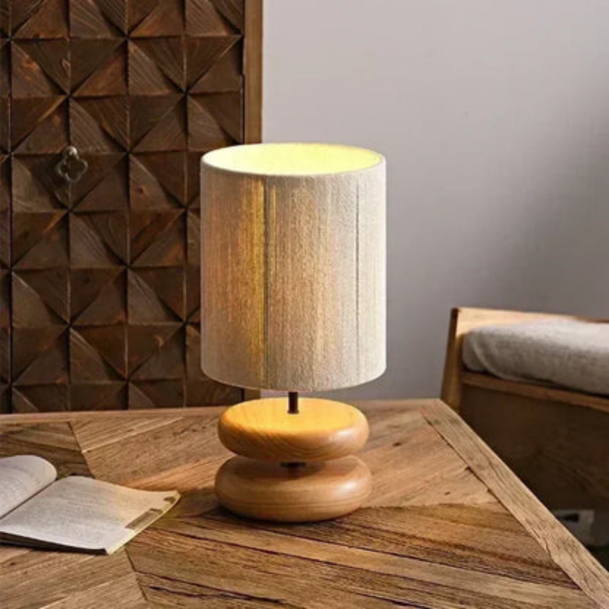 ZenWeave – Holz-Tischlampe mit Seilgeflecht-Schirm