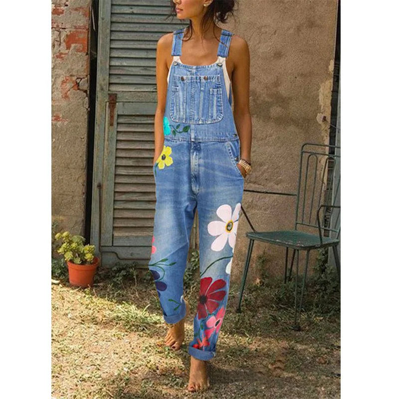 Mira – Jeans-Latzhose mit Blumen-Splice-Design