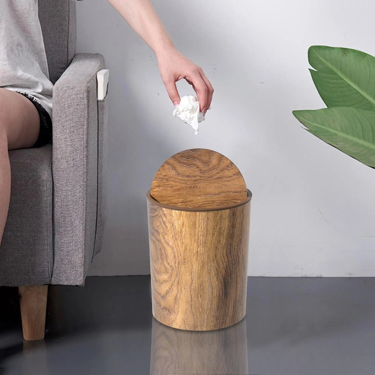 HomeEase – Mülleimer mit Schwingdeckel und Retro-Holzmaserung