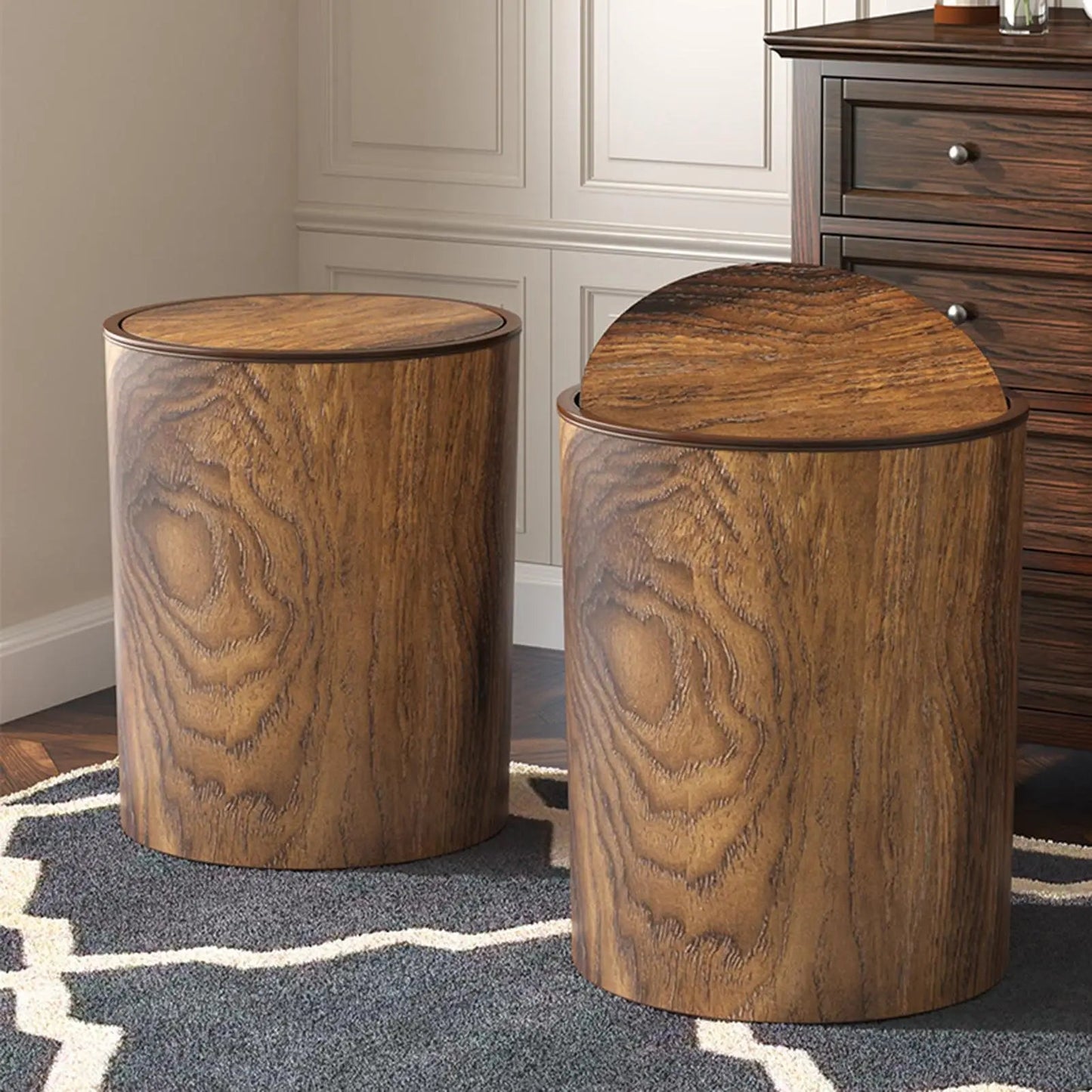 HomeEase – Mülleimer mit Schwingdeckel und Retro-Holzmaserung