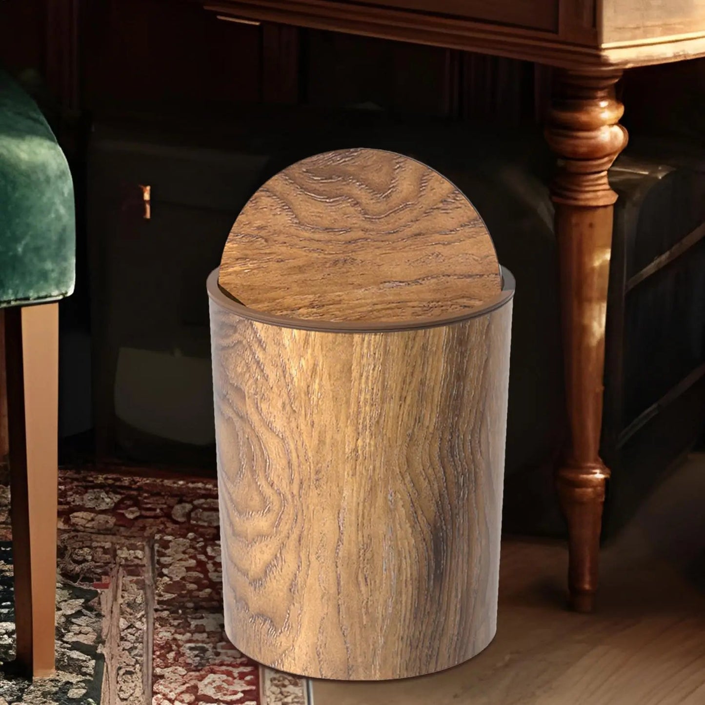 HomeEase – Mülleimer mit Schwingdeckel und Retro-Holzmaserung