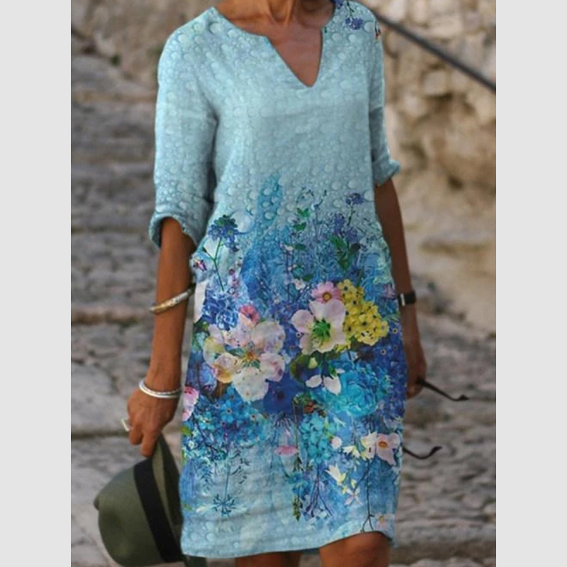 Amara – Midikleid mit kurzen Ärmeln und sauberem V-Ausschnitt