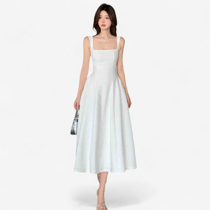 Amelia – Weißes A-Linien-Kleid mit Taillenbetonung und Reißverschluss